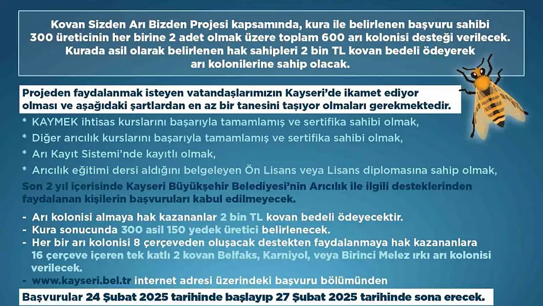 'Kovan Sizden, Arı Bizden' projesine başvurular başlıyor