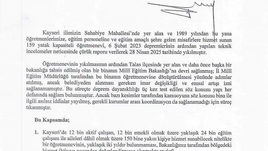 Baki Ersoy'dan 'Kayseri Öğretmenevi' için soru önergesi