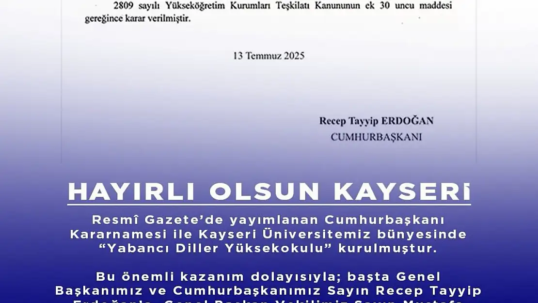 Kayseri'ye Yabancı Diller Yüksekokulu müjdesi
