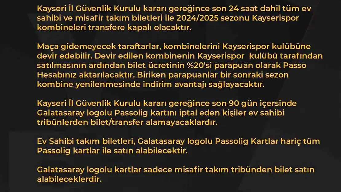 Kayserispor - Galatasaray maçı bilet fiyatları belli oldu