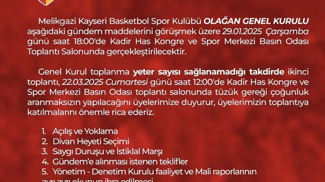 Melikgazi Kayseri Basketbol genel kurul yapılacak