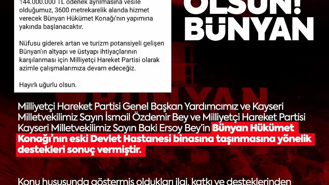MHP'li Özdemir'den Bünyan'a hükümet konağı müjdesi