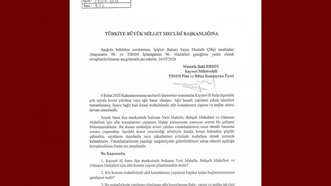 Baki Ersoy'dan Sarız'daki afet konutları için soru önergesi