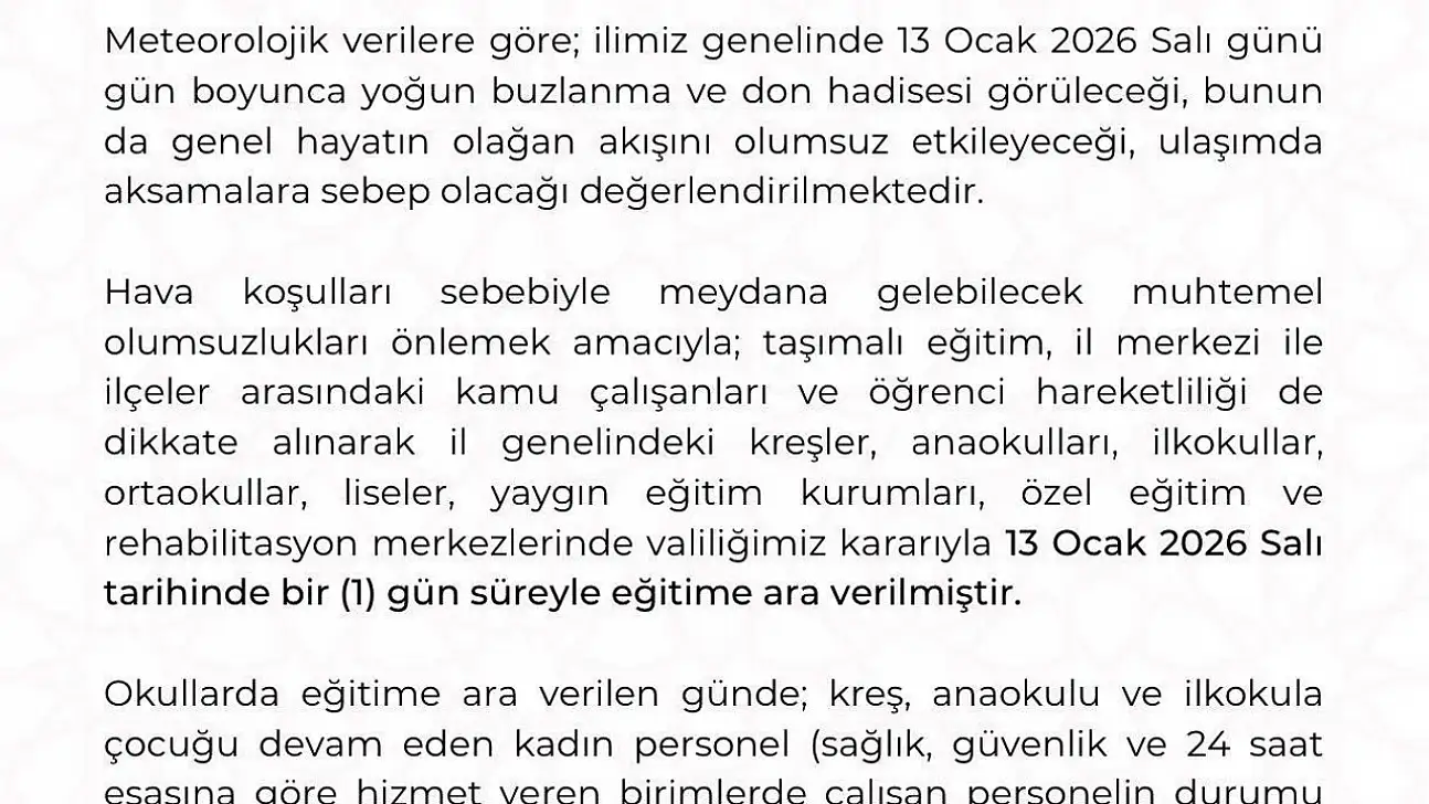 Kayseri'de eğitime 1 gün ara verildi