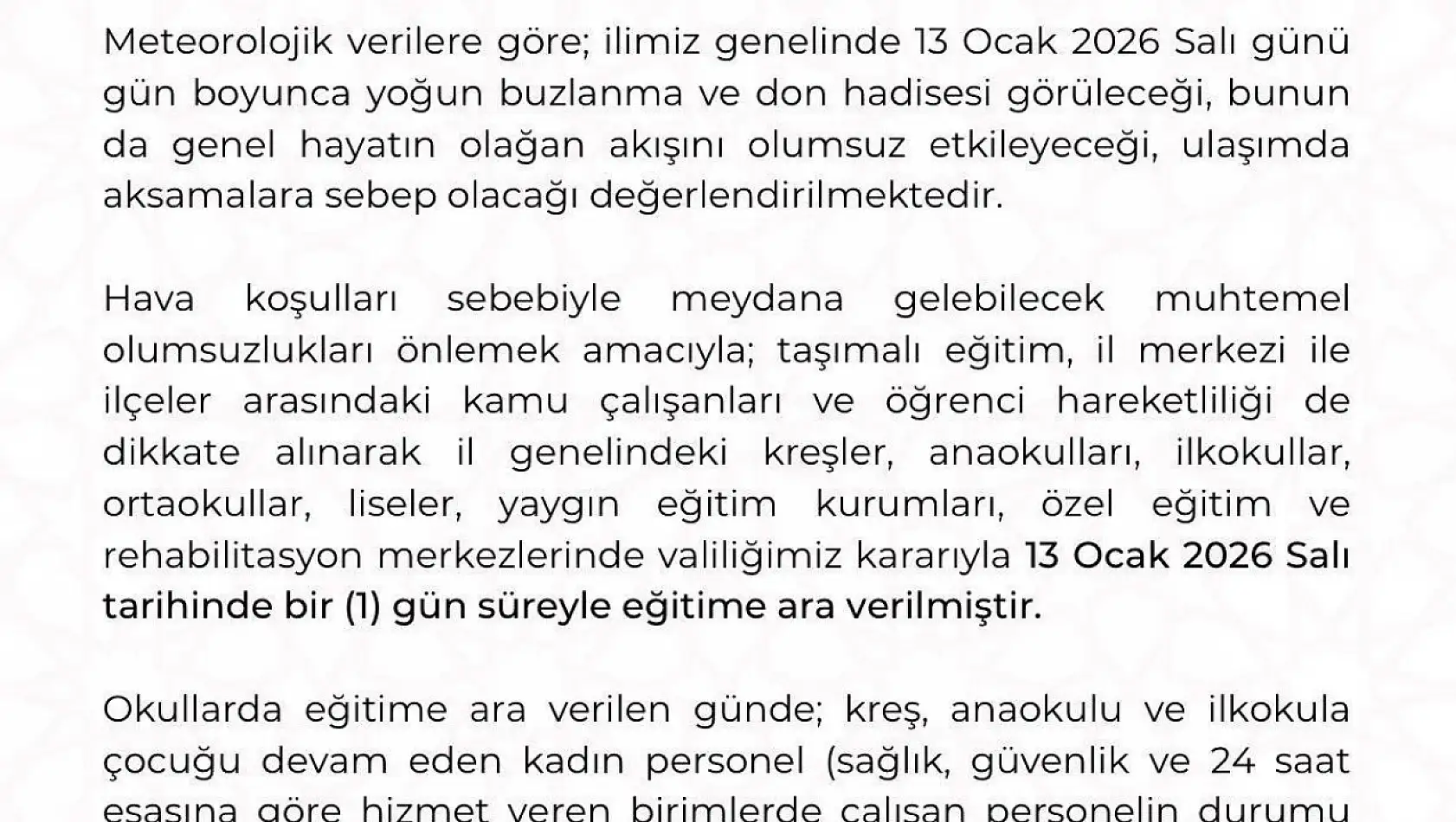 Kayseri'de eğitime 1 gün ara verildi