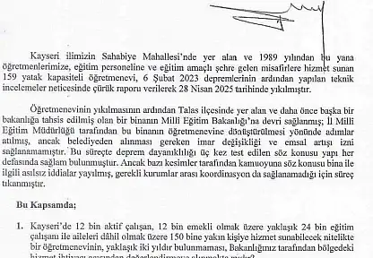 Baki Ersoy'dan 'Kayseri Öğretmenevi' için soru önergesi