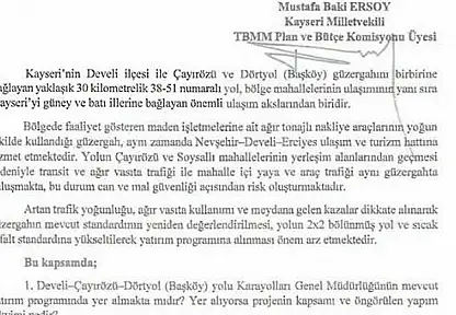 MHP'li Ersoy Develi - Çayırözü- Dörtyol ulaşım güvenliğini meclise taşıdı