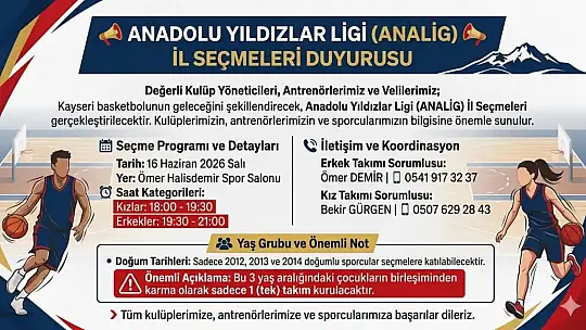 Anadolu Yıldızlar Ligi Basketbol İl Seçmeleri 16 Haziran'da yapılacak