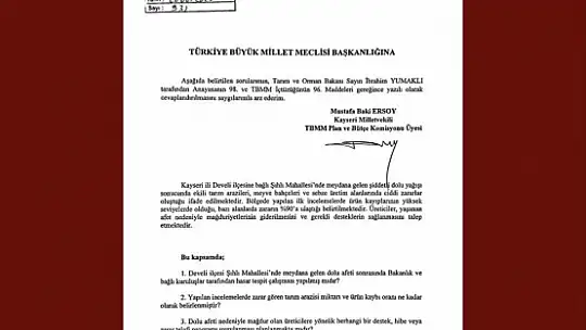 Baki Ersoy'dan Develi'deki dolu yağışıyla ilgili soru önergesi
