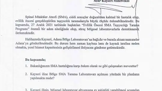 Baki Ersoy'dan Kayseri'ye Bölge SMA Laboratuvarı talebi
