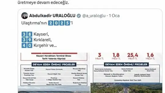 Başkan Büyükkılıç'tan Bakan Uraloğlu'na teşekkür: 'Kayseri'nin yarınlarını birlikte inşa ediyoruz'