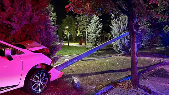 Karşı yola geçen otomobil elektrik direğine çarparak durabildi