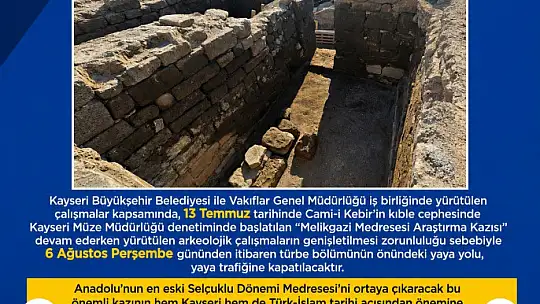 Melikgazi Medresesi kazısı için yaya yolu kapatılıyor