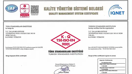 Talas Belediyesinin 20 yıllık kalite geleneği tescillendi