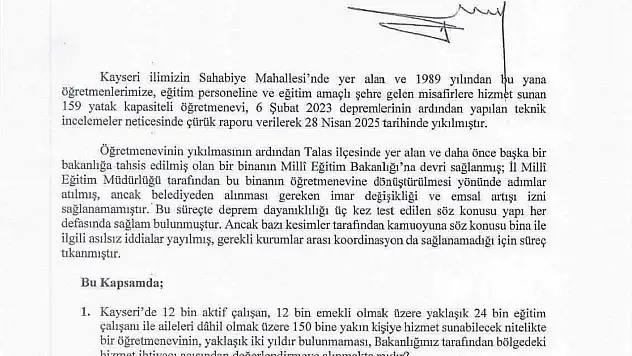 Baki Ersoy'dan 'Kayseri Öğretmenevi' için soru önergesi