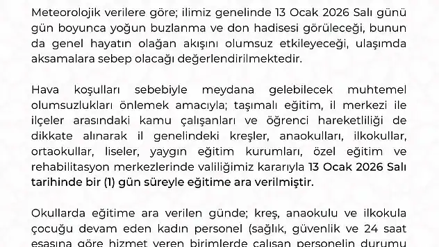 Kayseri'de eğitime 1 gün ara verildi