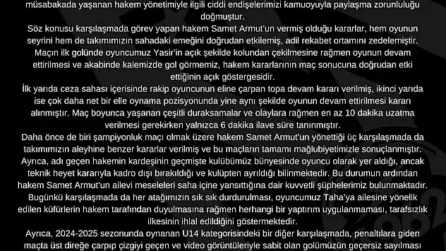 Kocasinan Şimşekspor'dan sert açıklama: 'Bu hakemi maçlarımıza istemiyoruz'