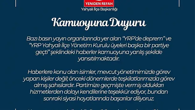 YRP Kayseri İl Başkanlığı'ndan kamuoyu açıklaması