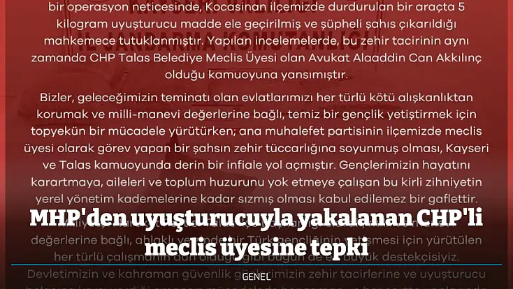 MHP'den uyuşturucuyla yakalanan CHP'li meclis üyesine tepki