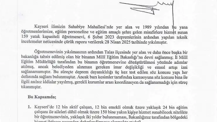 Baki Ersoy'dan 'Kayseri Öğretmenevi' için soru önergesi