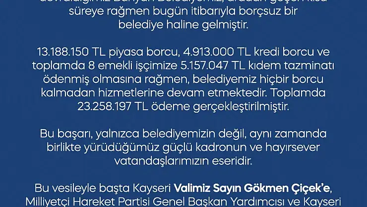 Bünyan Belediyesi borçsuz hale geldi