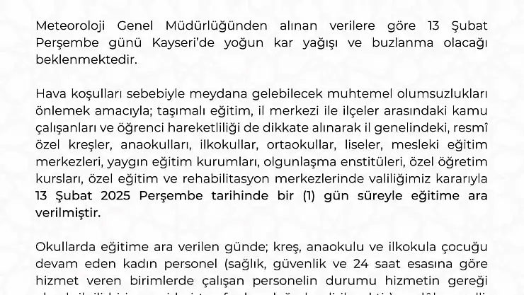 Kayseri'de eğitime kar engelli