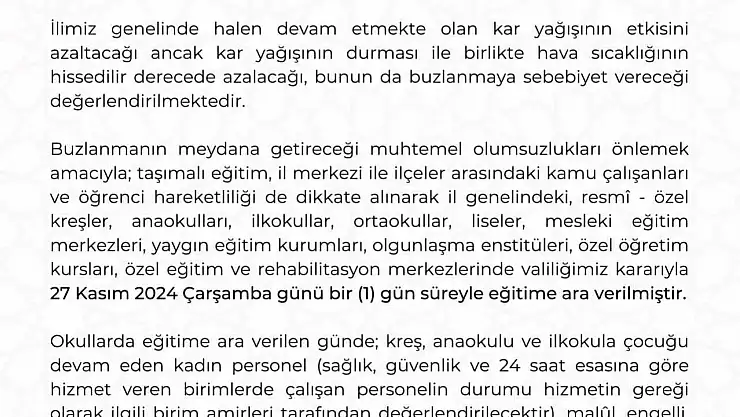 Kayseri'de kar nedeni ile eğitime 1 gün daha ara verildi