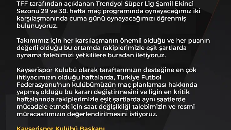 Kayserispor, Hatayspor maçının saatinde değişiklik istedi
