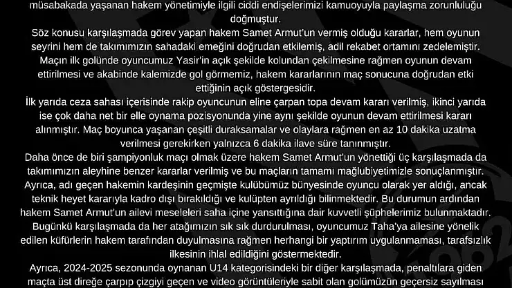 Kocasinan Şimşekspor'dan sert açıklama: 'Bu hakemi maçlarımıza istemiyoruz'