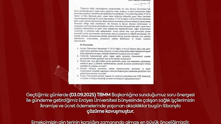 Milletvekili Ersoy'dan sağlık işçilerine müjde