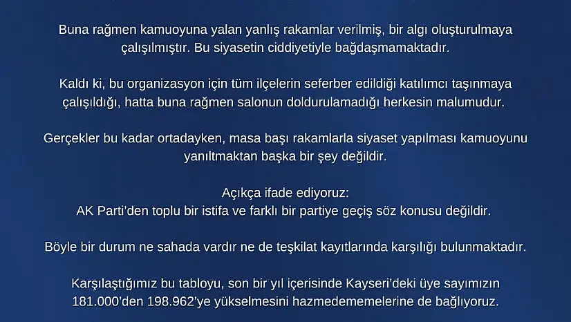 AK Parti Kayseri İl Başkanlığı: 'AK Parti'den toplu bir istifa ve farklı bir partiye geçiş söz konusu değildir'