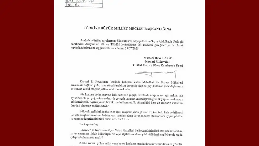 Baki Ersoy, Vatan Mahallesi-Boyacı Mahallesi Bağlantı Yolu'nu TBMM gündemine taşıdı