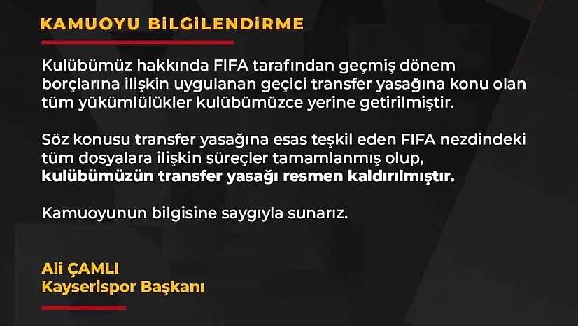 Başkan Çamlı müjdeyi verdi: 'Transfer yasağı kalktı'