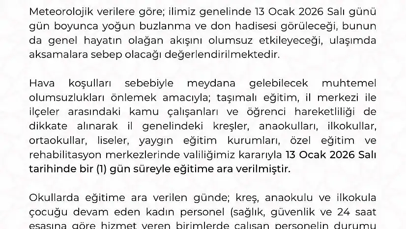 Kayseri'de eğitime 1 gün ara verildi