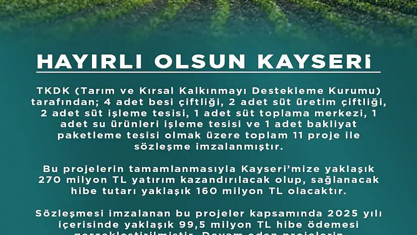 Kayseri'ye 270 milyon TL'lik 11 proje müjdesi
