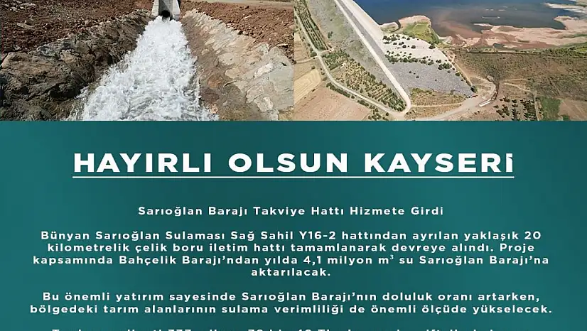 Sarıoğlan Barajı Takviye Hattı, hizmete girdi