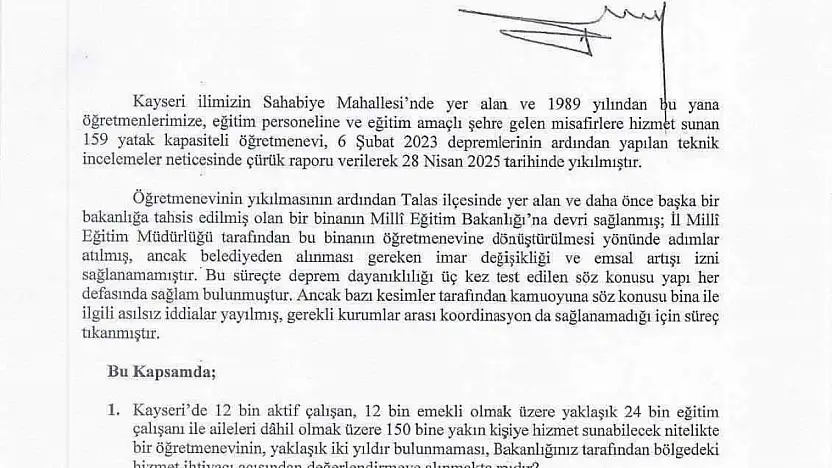 Baki Ersoy'dan 'Kayseri Öğretmenevi' için soru önergesi