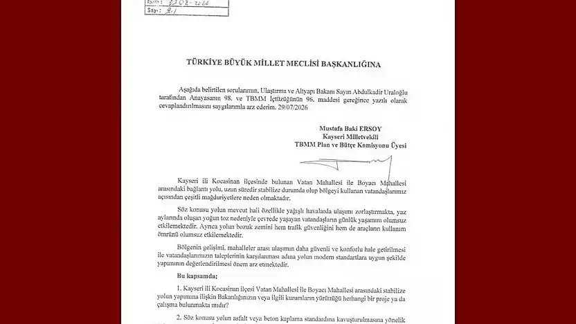 Baki Ersoy, Vatan Mahallesi-Boyacı Mahallesi Bağlantı Yolu'nu TBMM gündemine taşıdı