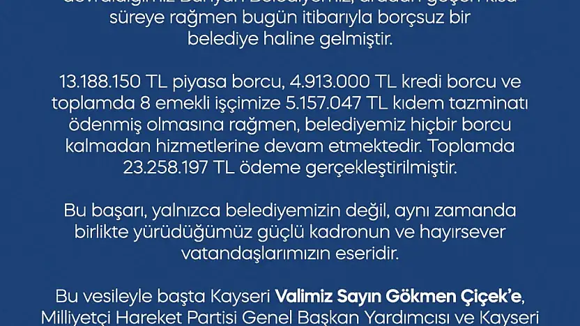 Bünyan Belediyesi borçsuz hale geldi