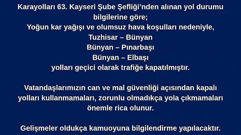 Bünyan'da ulaşıma kar engeli