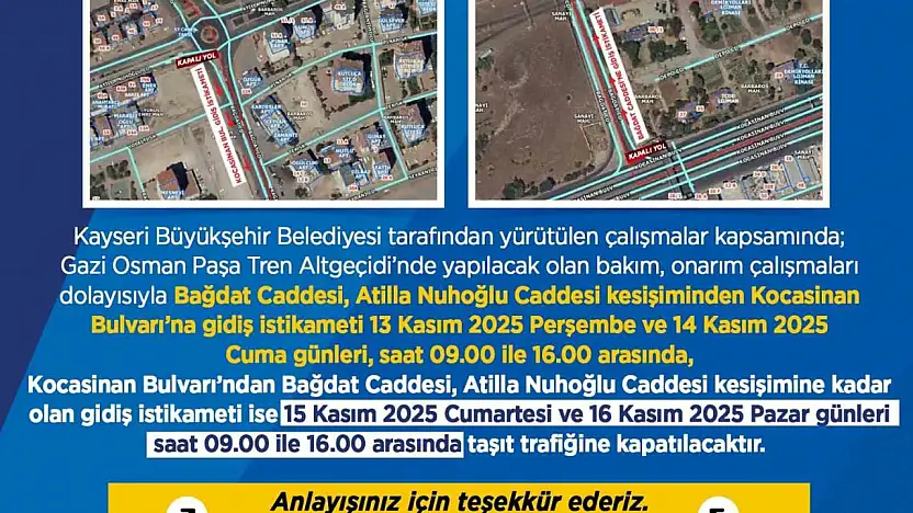Büyükşehir Belediyesi'nden sürücülere 'onarım çalışması' uyarısı