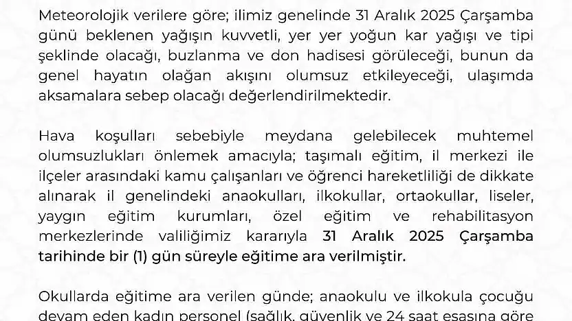 Kayseri'de eğitime 1 gün ara verildi