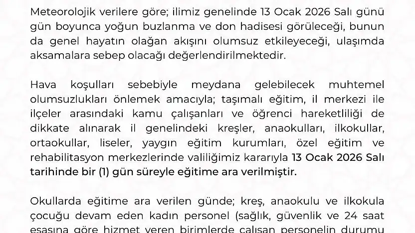 Kayseri'de eğitime 1 gün ara verildi