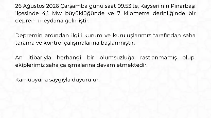 Kayseri Valiliği: 'Depremde olumsuzluğa rastlanmadı'