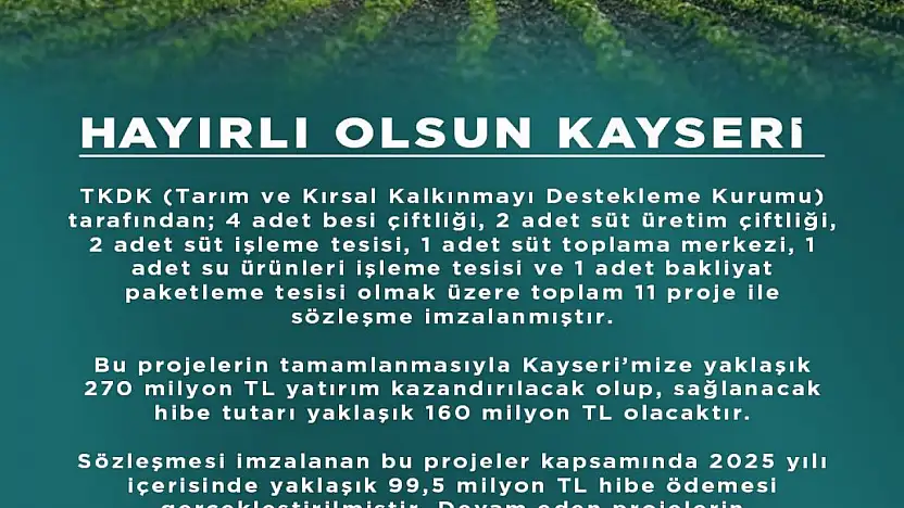 Kayseri'ye 270 milyon TL'lik 11 proje müjdesi