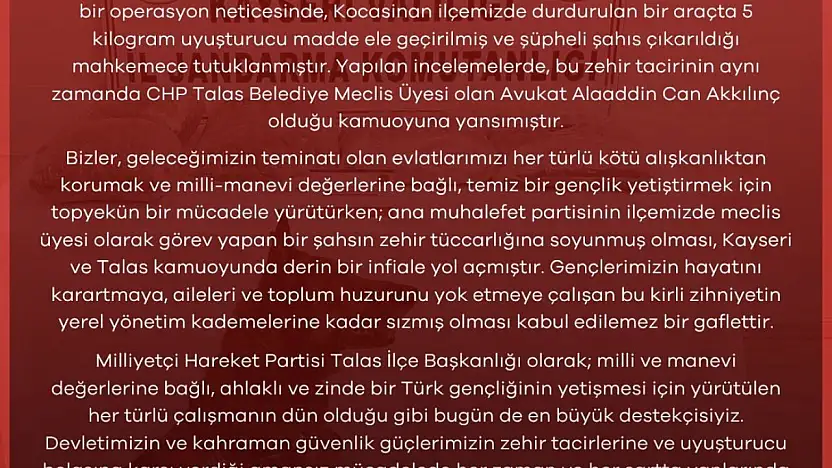 MHP'den uyuşturucuyla yakalanan CHP'li meclis üyesine tepki