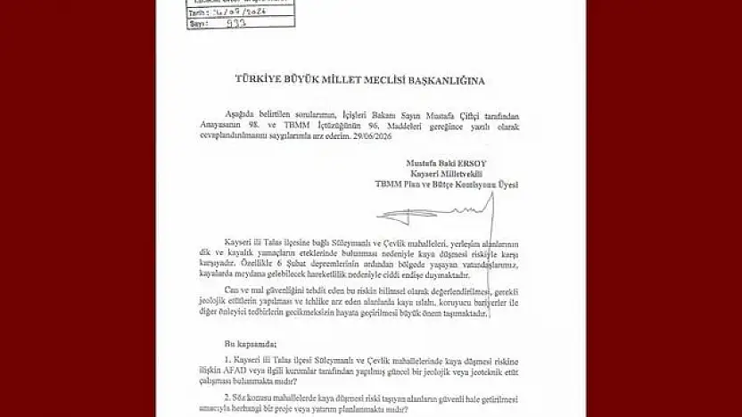 MHP'li Ersoy, 2 mahalledeki kaya düşmesi riskini meclise taşıdı