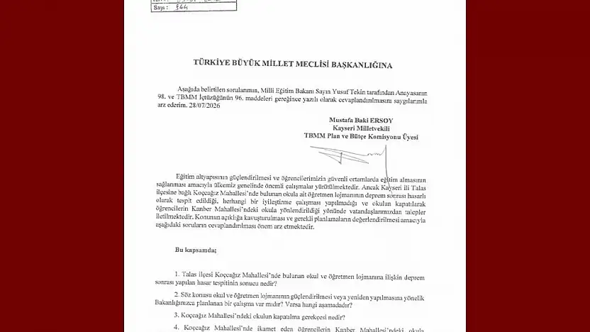 MHP'li Ersoy'dan Koçcağız mahallesindeki okul için soru önergesi