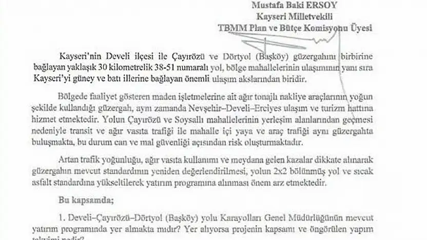 MHP'li Ersoy Develi - Çayırözü- Dörtyol ulaşım güvenliğini meclise taşıdı