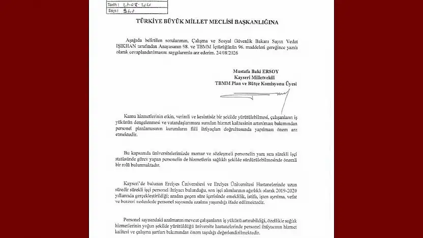 MHP'li Ersoy, ERÜ ve hastanelerindeki personel ihtiyacını meclis gündemine taşıdı